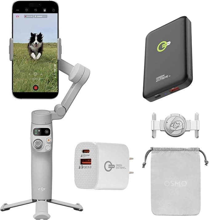 DJI Osmo Mobile 7 Gimbal Stabilizer for iPhone, Android, Built-in Tripod, 3-Axis Phone Gimbal, ActiveTrack 7.0, ShotGuides, One-Tap Edit, 10hrs Use, Phone Charging + Wireless Portable Charger + Plug
