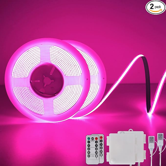 OMIKA Pink COB LED Strip Lights Battery Powered with Remote, 6.56FT 640LED Light Strip Dimmable Cuttable Flexible Wireless LED Tape Light for Gifts, Bedroom, Party, TV Backlight, DIY Decor (2 Pack)