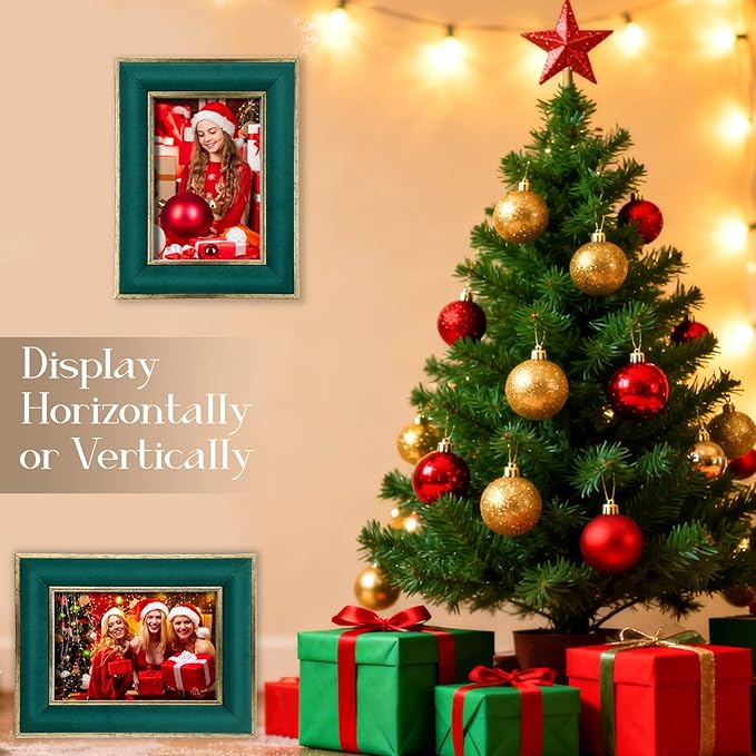 Kathfly 1 Pcs Green Velvet Picture Frame 5 x 7 Inch Vintage Photo Frame with Gold Metal Edge Horizontal & Vertical Mount for Poster Artwork Puzzles Tabletop Wall Display Christmas Home Office Decor