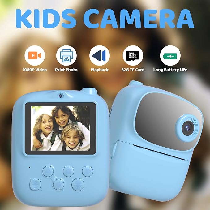 Kids Instant Print Camera 2025, 32GB Memory, Dual Lens with 2.4-Inch Screen and 1080p HD, Nice Gift for Boys and Girls Ages 4-13, Ideal for Toddlers and Teenagers