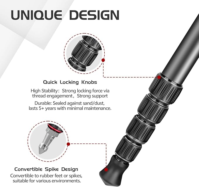 TONYBOO 61” Monopod for Camera,Φ28mm 6-Section Aluminum Camera Monopod Stand, with Wrist Strap, Rubber Grip, Twist Locks, Compatible with Photography DSLR Camera Mirrorless, Max Load 40 lbs - TA-5L