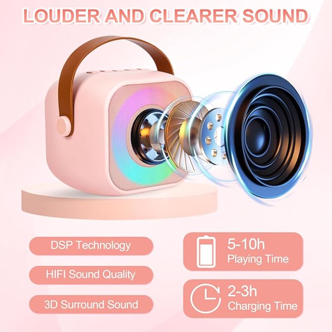 Mini Karaoke Machine for Kids,Birthday Gifts for 3-12 Year Old Girls and Boys, Portable MP3 Player with 2 Wireless Mics for Party,Pink