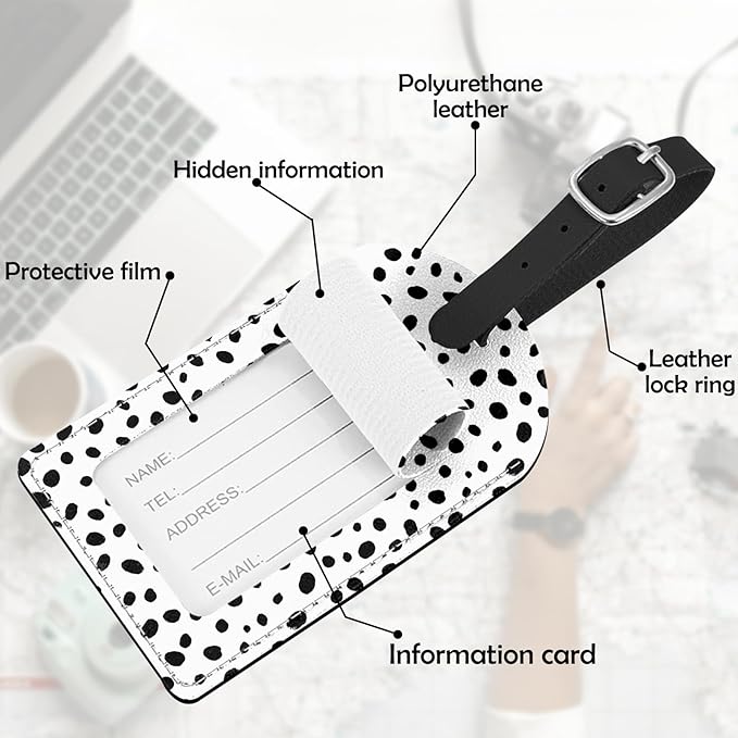 2 Pack Luggage Tag Suitcase Tags PU Leather Identifiers Privacy Cover Luggage Tags Aesthetic Cute Travel Bag Labels for Women Girls Men-Black Spot