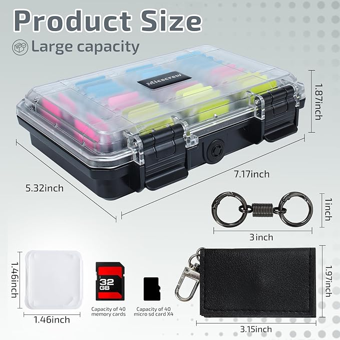 Micscrew 37 Slots Memory Card Case & 36 Transparent Card Cases & 60 Visual Sticky Notes, Water-Resistant Anti-Shock Anti-Dust SD Card Holder Storage,SD Card Case for Camera Memory Card（Clear Plastic）