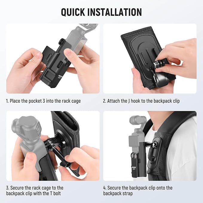 NEEWER Basics 4 in 1 Accessories Kit Compatible with DJI Osmo Pocket 3, Backpack Strap Mount Kit with Bracket Cage Extension Adapter, Clip, J Buckle, T Bolt for Trekking Hiking Camping, GP-67