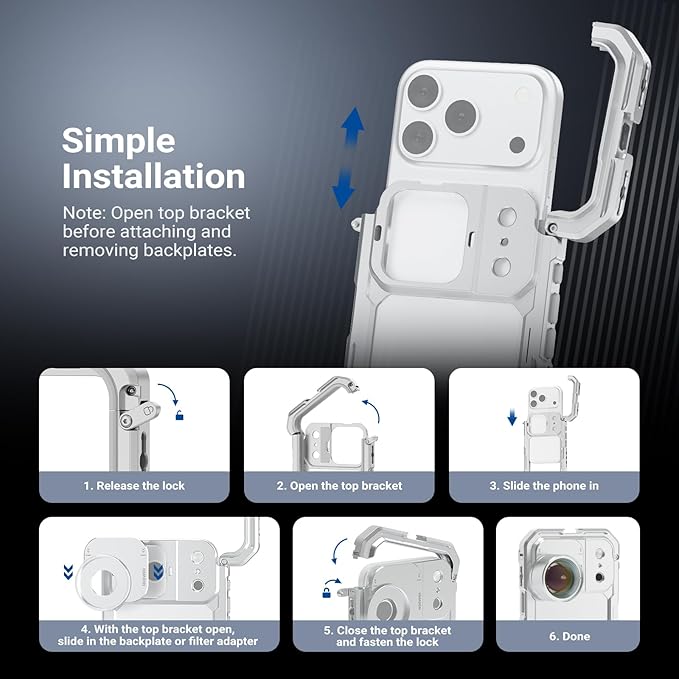NEEWER PA144 Phone Cage Compatible with iPhone 17 Pro Max + PA152 37mm Filter Lens Backplate for PA143/PA144 Phone Cage Only, Quick Release Video Rig Stabilizer Accessories, Silver