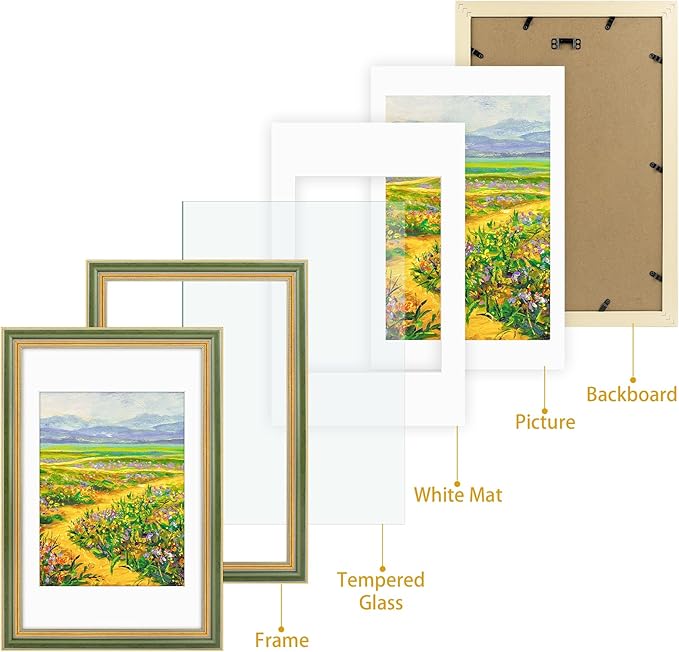 Golden State Art,11x17 Ornate Picture Frame for 9x12 Photo With Mat or 11 x 17 Prints Without Mat, Real Glass Wall Display Horizontally or Vertically (Color:Green Gold)