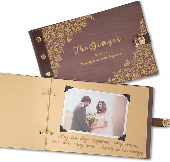 Personalized Wooden Family Photo Album, Custom Wedding Photo Album Scrapbook, Couples Scrapbook Retro Memorial Guest Book, Anniversary Birthday Memorial Gift