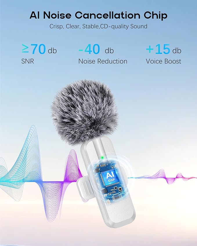 Wireless Mini Microphone for iPhone - 2 Pack Lavalier bluetooth Microphone for Video Recording, 2 In 1 Noise Reduction Lapel Mic for Ipad, Android, Clip-on Mini Mic for Tiktok Youtube Vlog Podcast