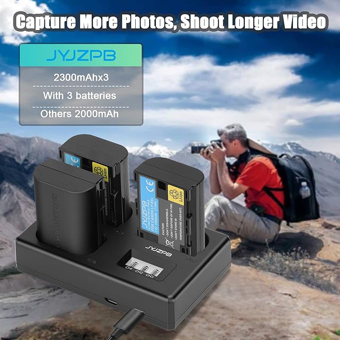 LP-E6N LP-E6 Battery Charger Set, 3-Slot LCD Charger for Canon EOS R R5 R6 R7 R5 C, R6 Mark II,EOS 5D Mark II III IV, 5D SR, 6D Mark II 7D Mark II, 6D 7D 90D 80D 70D 60D 60Da, XC10 XC15 Camera 2300mAh