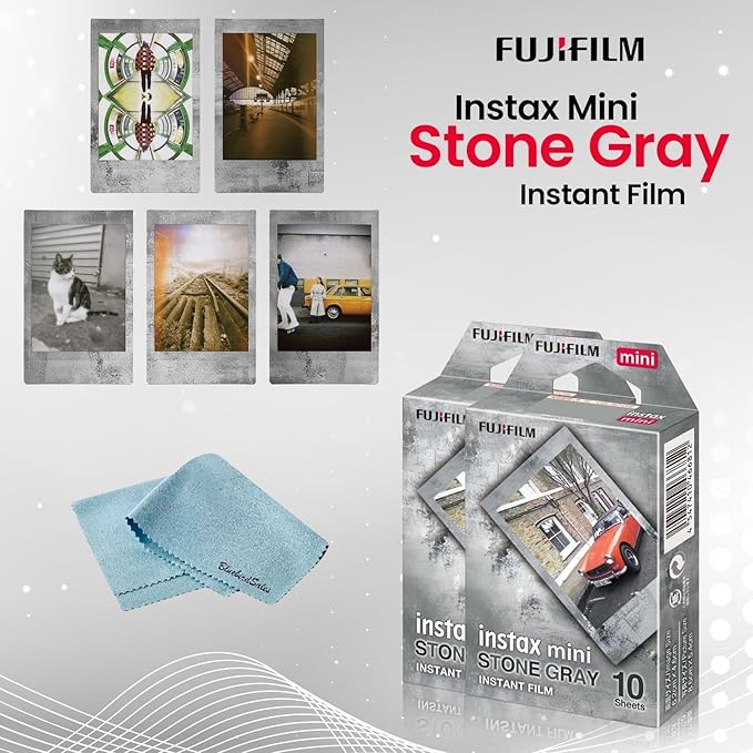 FUJIFILM Instant Mini Stone Gray Film Bundle 20 Shot with BluebirdSales Microfiber Cleaning Cloth, ISO 800, Credit-Card Size, Easy Load for All Instant MINI Cameras & Printers