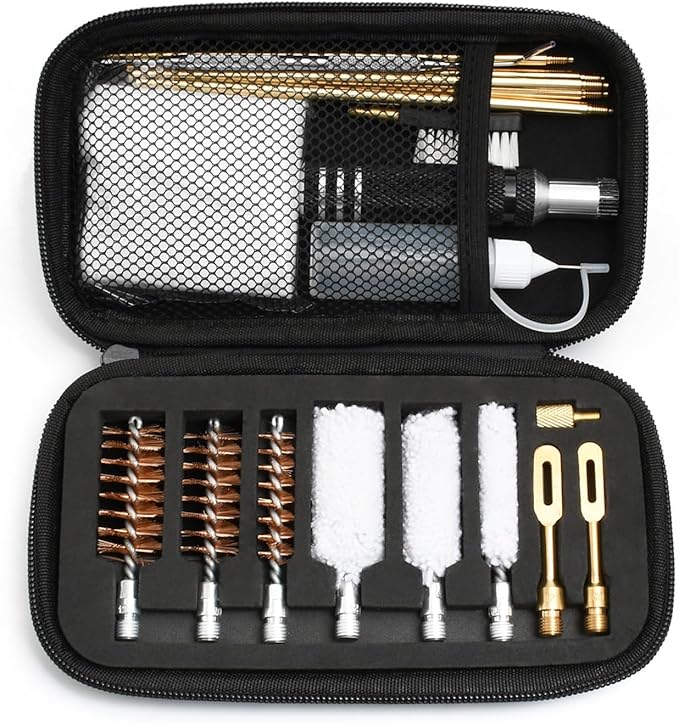 Shotgun Cleaning Kit for 12, 20, 410 Gauge Bronze Brushes, Brass Adaptor, Cotton Mops, Cleaning Pick, Patch Holder, Patches, Nylon Brush Head, Empty Oil Bottle