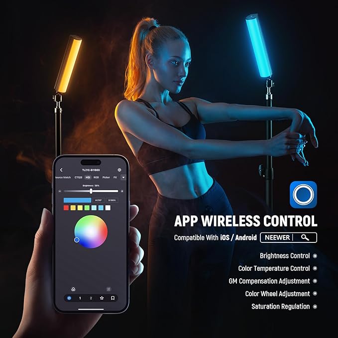 NEEWER RGB Light Wand with Desk Tripod, APP Control Magnetic Handheld Photography Video Lighting Stick, 2500K-8500K Dimmable CRI95+ 17 Scenes Full Color LED Tube Bar for Vlog, 2550mAh Battery, TL21C