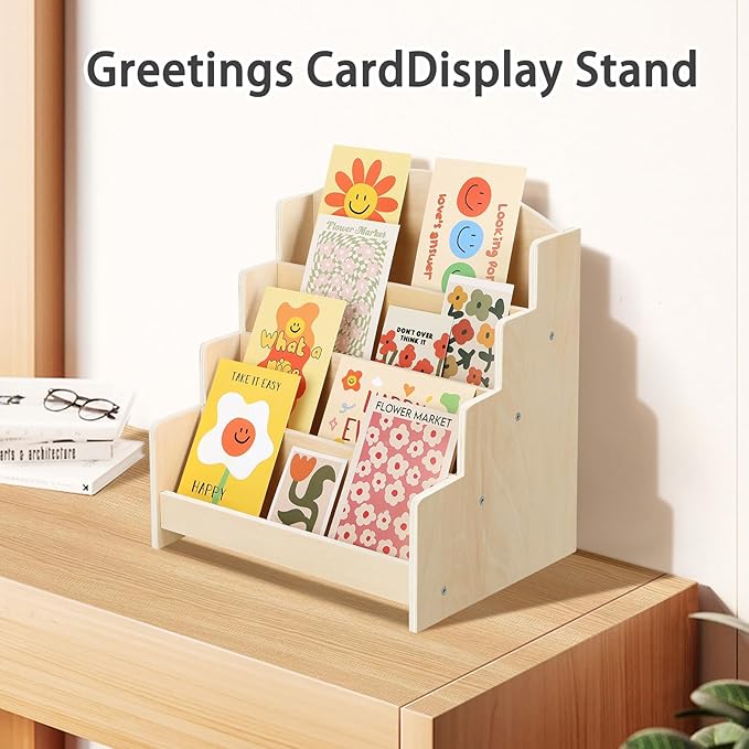 VOGGV Greeting Card Display Stand Holder - 4-Tier Wooden Organizer Rack for Postcards, Stickers, Bookmarks & Tabletop Book Display, Sturdy Card Display Shelf for Retail or Home