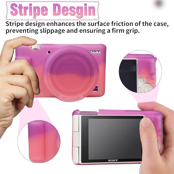 Easy Hood Camera Case for Sony ZV-1, Soft Silicone Cover Camera Sleeve Body Skin Protective Case with Removable Lens Cap for Sony ZV1 Digital Camera, Purple Pink