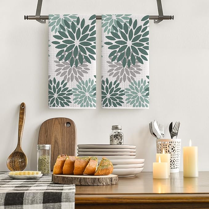 Artoid Mode Green Dahlia Floral Bar Kitchen Towels, 12x24 Inch Quick Dry Microfiber Cloth Dish Towels for Kitchen Drying Set of 2