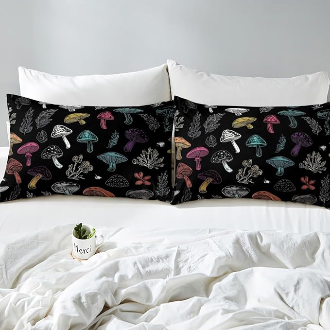 Erosebridal Mushroom Bed Sheets Set Kids Sheet Set Queen Size, Colorful Mushroom Decor Sheets Boho Exotic Mushroom Fitted Sheet for Boys Girls Women Bohemian Plants Mushroom Flat Sheet 4 Pcs