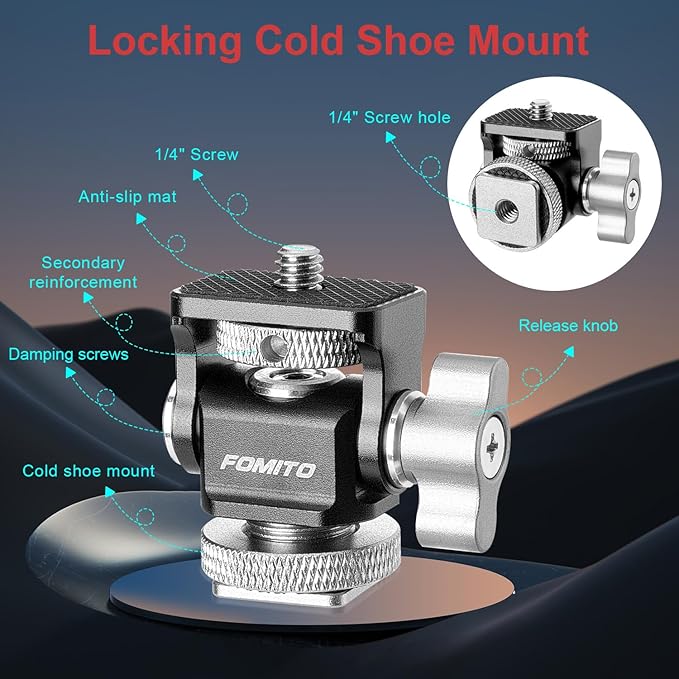 FOMITO Metal Camera Monitor Mount with 1/4" Serew and Cold Shoe, Rotary Adapter 360° Swivel Universal for Flash Speedlite, Field Monitor, LED Video Light, Microphone,etc