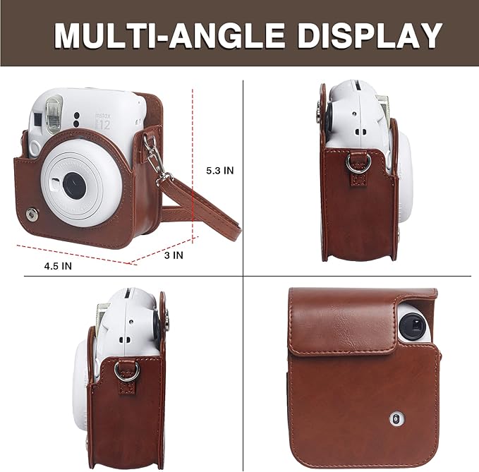 CAIYOULE Protective Camera Case for Instax Mini 12 Instant Camera Fuji Mini 12 Case PU Leather Carrying Bag with Adjustable Shoulder Strap & 64 Pockets Photo Album - Brown