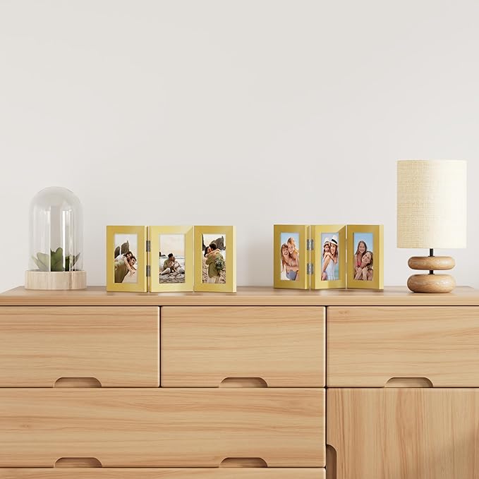 decorUhome Triple 4x6 Picture Frame Vertical, Engineered Wood Trifold Photo Frame with Plexiglass for Tabletop Display, 4x6, Gold