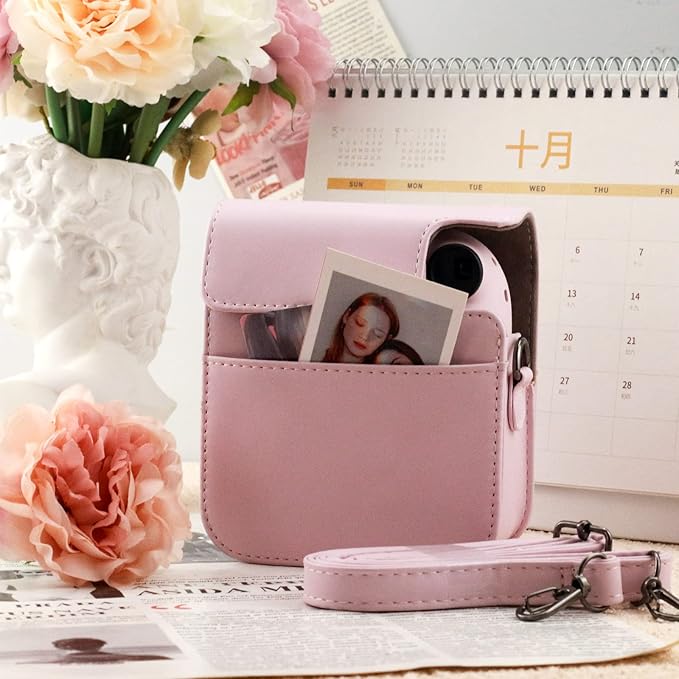 Frankmate Protective Case Compatible with Fujifilm Instax Mini 12 Instant Film Camera with Accessory Pocket and Adjustable Strap (Pink)