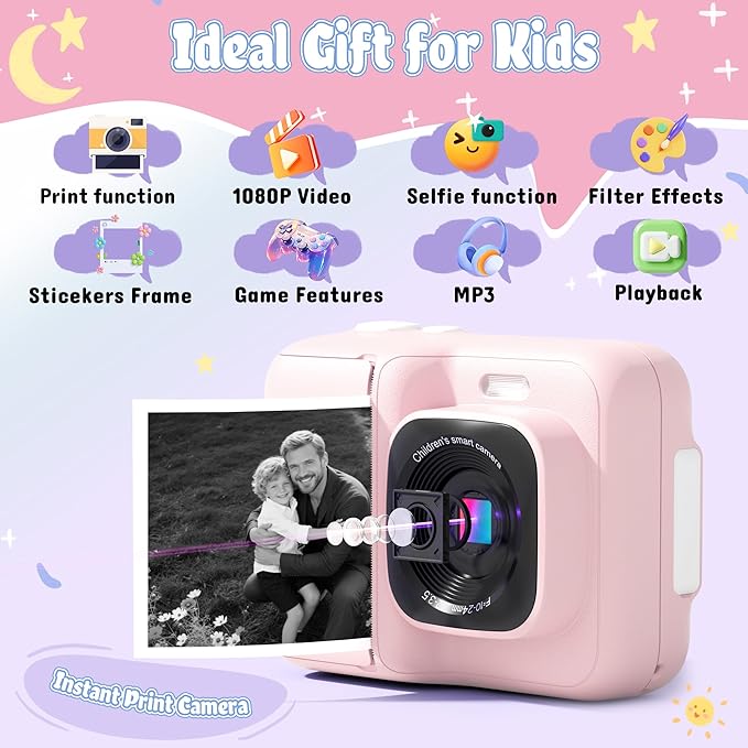 ETIKEZ Kids Camera, 1080P Instant Digital Print Camera for Kids, Christmas Birthday Gifts for 4 5 6 7 8 9 10 Year Old Girls Boys, Portable Toy with 32GB SD Card & 3 Rolls Printing Paper, Rose