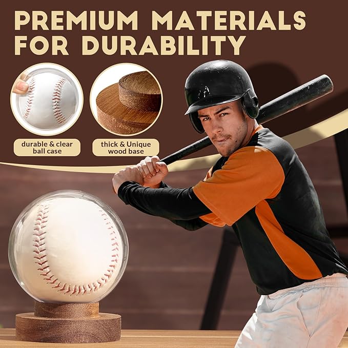 JupDec Baseball Display Case, Round Clear Ball Holder with Wooden Base, Autograph Baseball Stand Box for Single Ball, Acacia Wood, Brown, 2 Pack