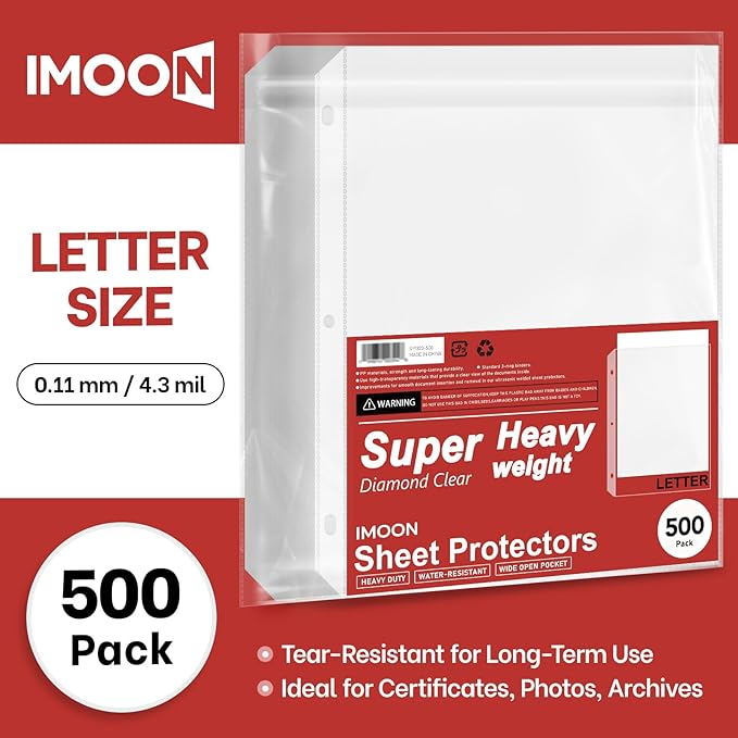 Super Heavyweight 3-Hole Letter Size Sheet Protectors - High Transparency Plastic Heavy Duty Sleeves for 3 Ring Binders, Archival Safe, Durable Page Protectors for Documents, 8.5x11 Inch (500 Pack)