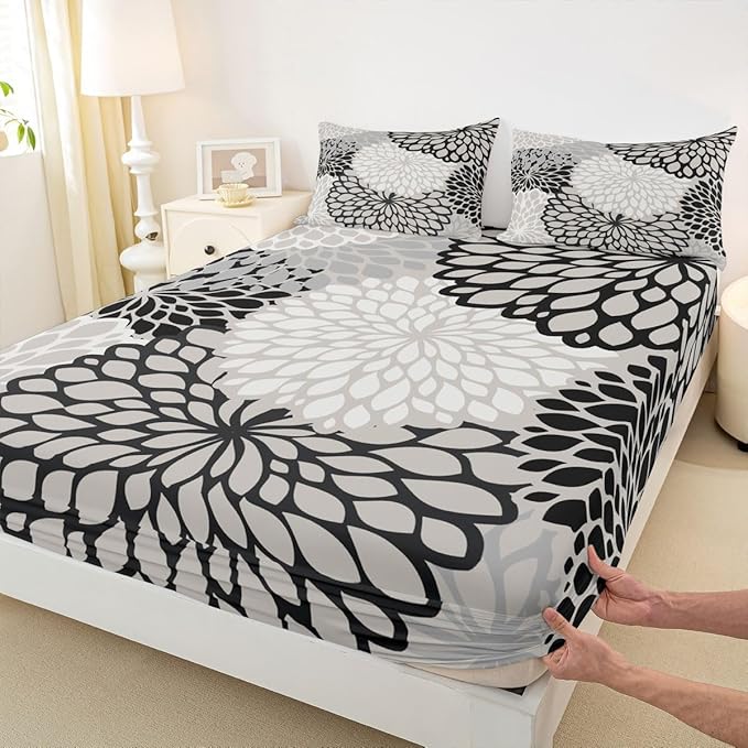 Aztec Dahlia Bed Sheets for Adult Women Girls Floral Sheet Set Queen Size,Mexican National Flower Fitted Sheet Modern Floral Design Flat Sheet All Season Bedding Bedroom Decor, Black White