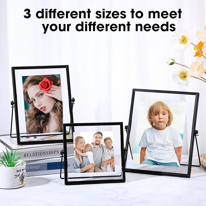 Amyhill Set of 6 Metal Picture Frames Vintage Minimal Ornate Floating Frames 4, 6, 7 Inches Photo Antique Easel Stand Vertical Glass Holder for Pictures Photos Desk Tabletop Display(Black)