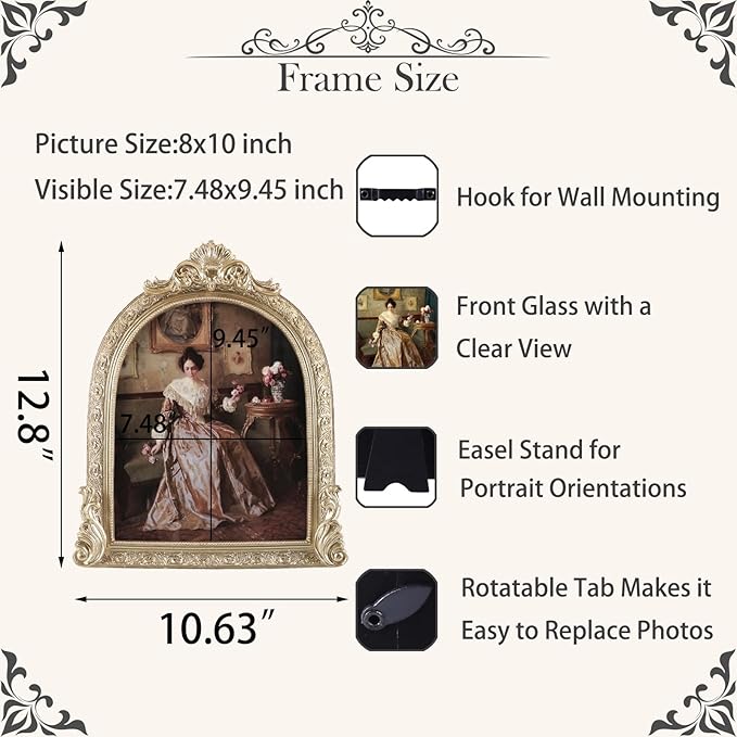 Vintage Picture Frames 8x10 Ornate Gold Antique Picture Frames for Wall and Tabletop Vintage Photo Frame Victorian Home Decor Gallery Wall Decor in Arch Shape