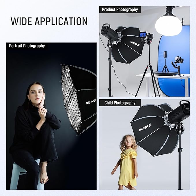 NEEWER 28"/70cm Octagonal Softbox, Quick Release Bowens Mount Softbox with Honeycomb Grid, Light Diffusers, Bag for RGB CB60 CB60B CB200B MS60B MS60C MS150B S101-300W/400W Pro Vision 4 Q4, NS27P