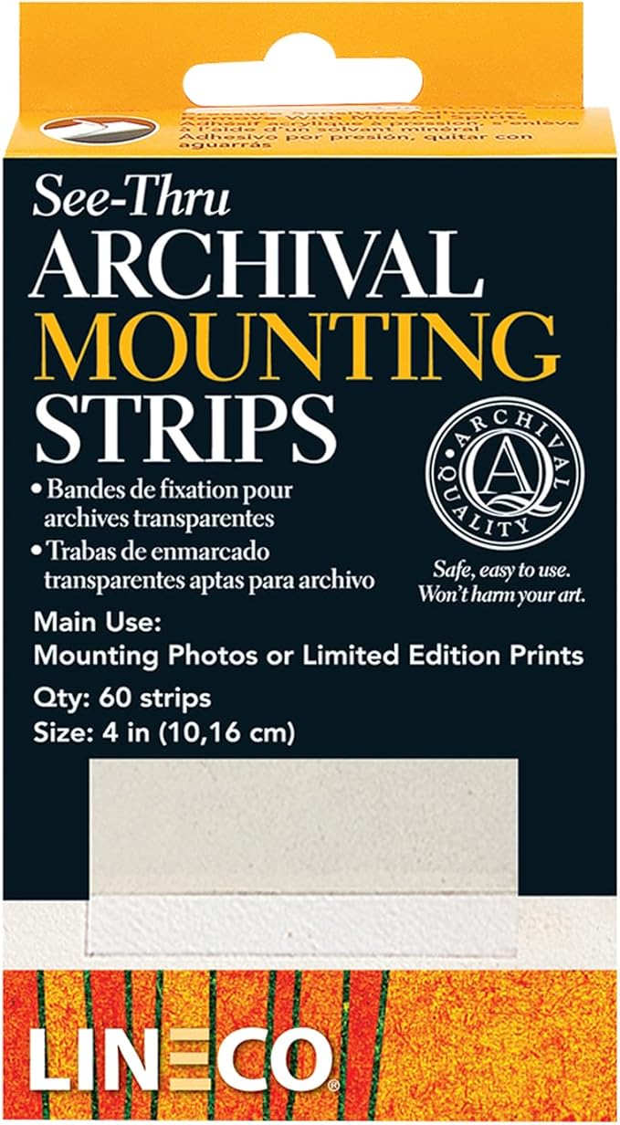 Lineco 4 Inches See-Through Archival Polyester Mounting Strips. Acid-Free, Framing Photos, Hinge-Less, Sturdy, Safe, Conservation, Easy, Artwork, Craft, DIY. (Pack of 60)