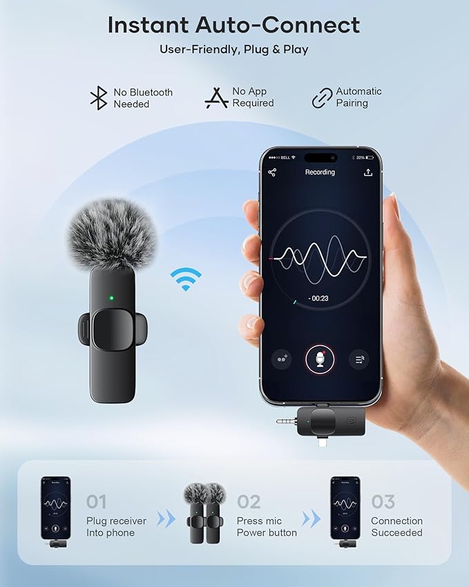 3-in-1 Wireless Lavalier Microphone for iPhone, iPad, Android, Camera - Noise-Canceling Mini Mic with 2.4G Ultra-Low Latency for Vlog, TikTok & YouTube Streaming (2 Mics)