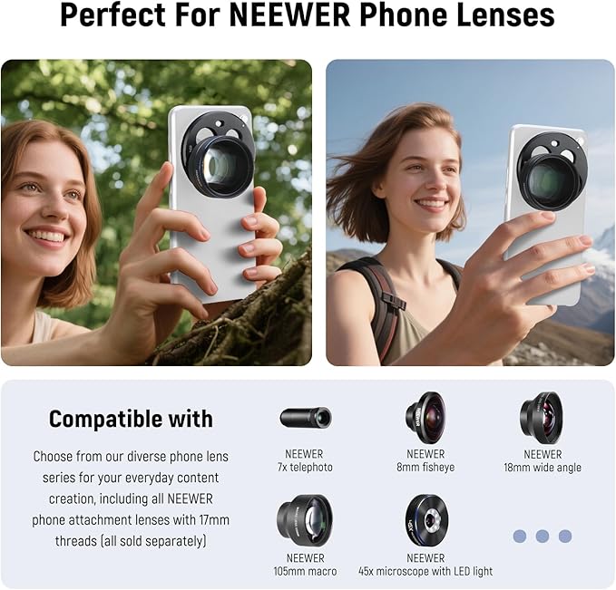 NEEWER 15 Ultra Lens Backplate, Aluminum Alloy 17mm Thread Phone Lens Adapter Holder for Main & Telephoto Cameras, Compatible with Xiaomi 15 Ultra Original Phone Case, PA111 (Black)