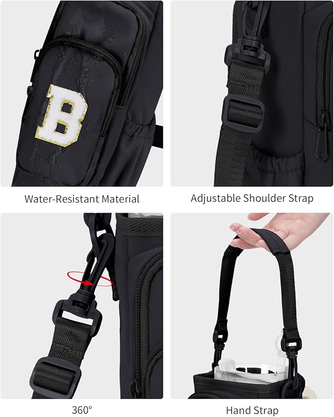 sportsnew Birthday Gifts for Women Personalized Initial Water Bottle Holder with Strap fits most 40oz Tumbler with Handle Water Bottle Carrier Bag with Phone Pocket & Straw Topper Tumbler Accessories