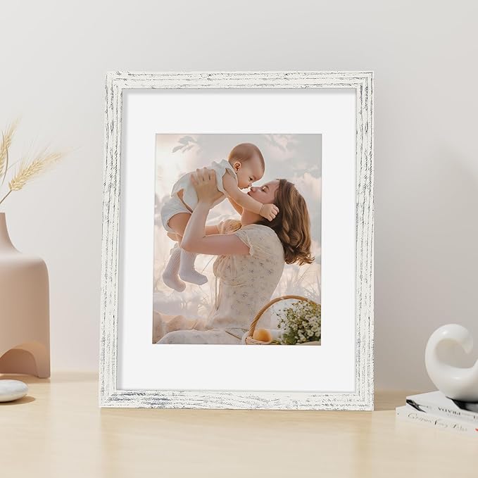 Vittanly 11x14 Picture Frame, Made of Solid Wood and Shatterproof Plexiglass, Display Pictures 8x10 with Mat or 8x10 without Mat, Wooden Photo Frame for Wall or Tabletop, Distressed White, 1 Pack
