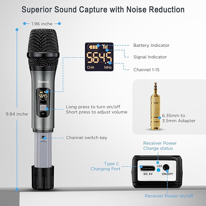 Bietrun Wireless Microphone Only for Mic Input, UHF Metal Dynamic Handheld Multipurpose Mic with Rechargeable Receiver (Work 4hs), 160ft Range, for Karaoke Machine, Amplifier Speaker, Mixer, Church