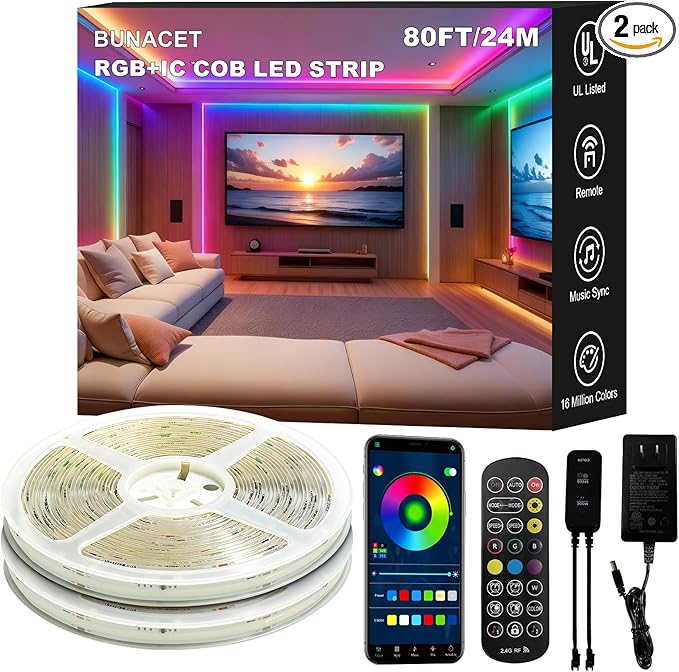 80ft COB RGB+IC LED Strip Lights, Bright Dream Color COB LED Light Strip with RF Remote App Control Music Sync Color Changing for Game Room Bedroom Kitchen Lighting Home Decor（2 Rolls）