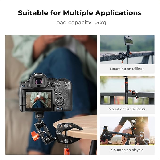 K&F Concept Magic Arm with Super Clamp + Double Camera Super Clamp for Chair, Pole, Tripod, 1/4" Threads Max Load Capacity 1.5KG