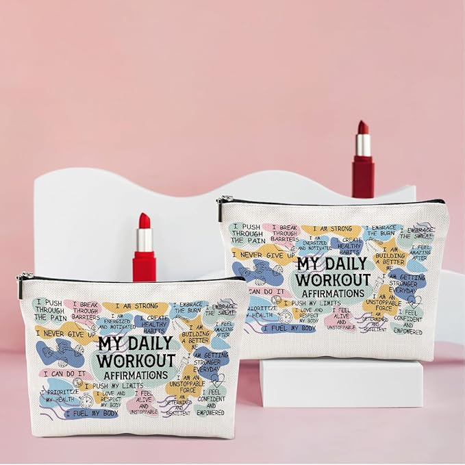 2PCS Daily Affirmations for Women Makeup Bag, Workout Gifts Gym Necessities for Women Encouragement Inspirational Mental Health Gym Gifts for Female Coworker Birthday Travel Toiletry Cosmetic Bag