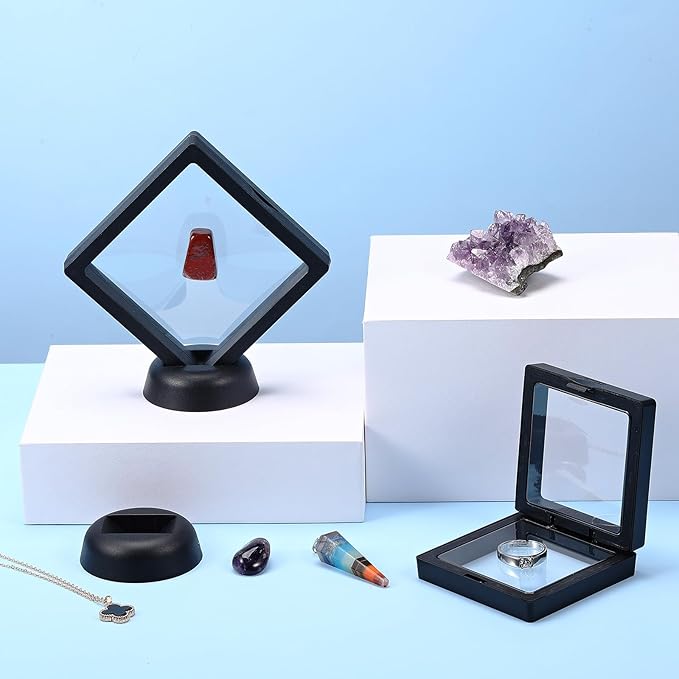 60 Pcs 3D Floating Display Case PE Film Jewelry Storage Box Coins Display Frame Holder Stands for Antique Challenge Coins, Medallion Shells Gems Rocks Pins (Black,3.5 Inch, 2.76 Inch)