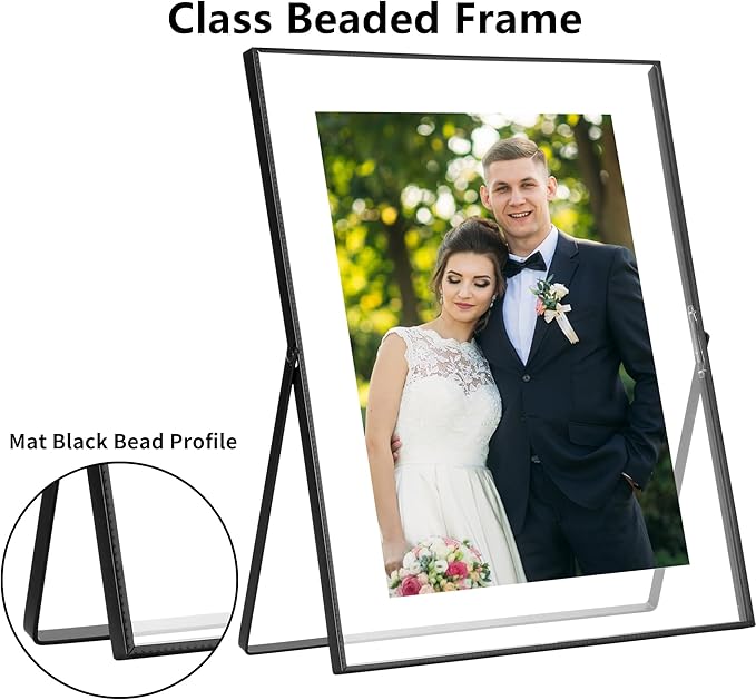 Black 8x10'' Floating Frame Set of 2,For Photo Sizes (5x7'',6x8'' 7x9''),Beautiful Metal Beaded Frames Adjustable Tabletop/Shelf Photo Frame,Classy Gift Choice for Wedding