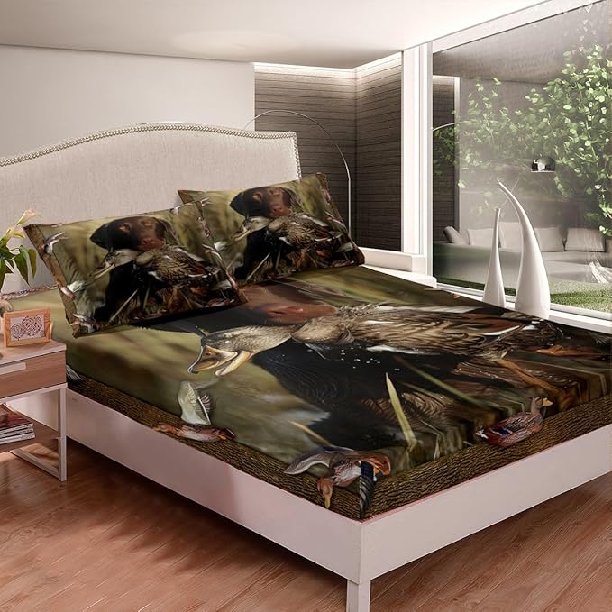 Erosebridal Duck Hunting Sheet Set Dog Hunter Bed Sheets for Kids Boys Girls Wild Animal Mallard Duck Print Fitted Sheet Hunting and Fishing Western Rustic Farmhouse Theme Flat Sheet King Size 4 Pcs
