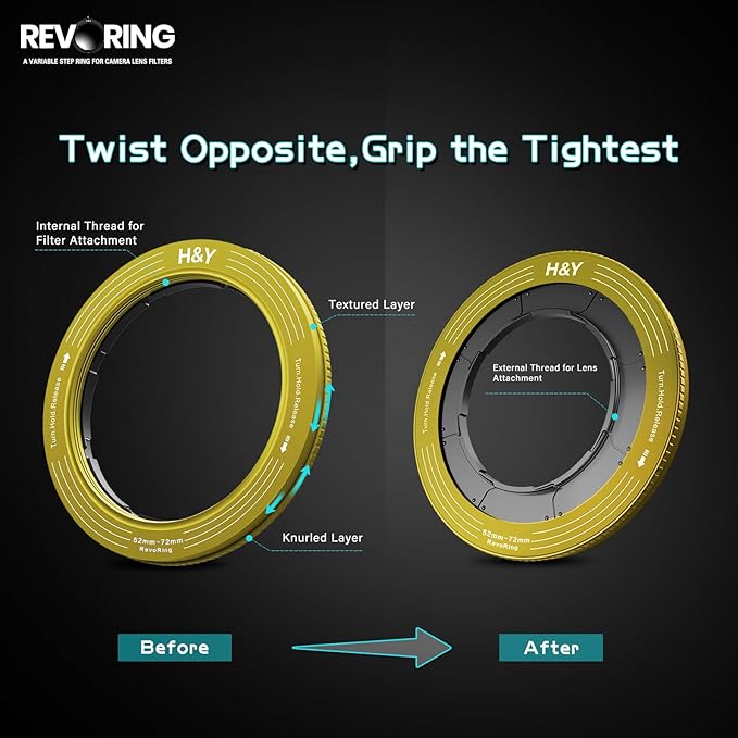 H&Y RevoRing Adjustable Step Up Ring 52-72mm to 77mm, Variable Lens Filter Adapter Ring, Universal Stepping System fits 52 55 58 62 67 72mm, Yellow