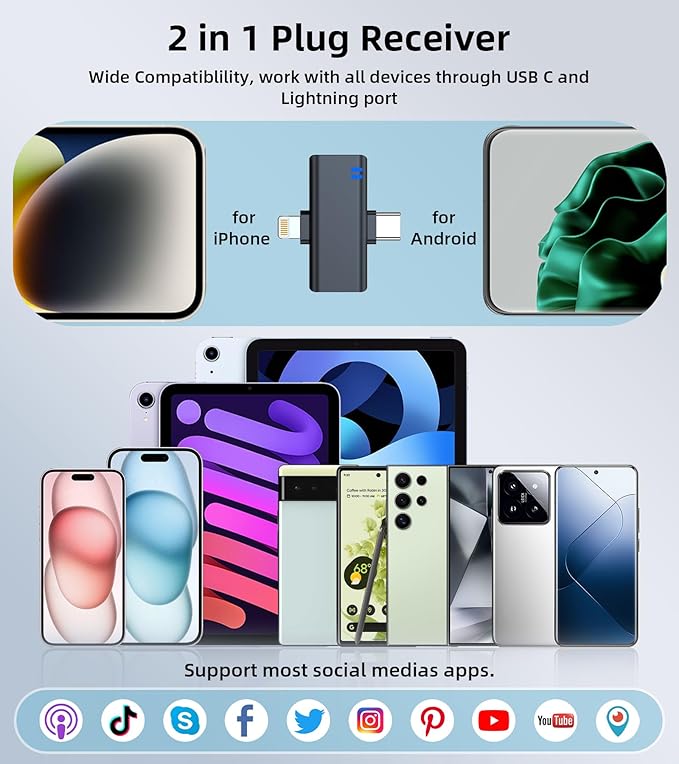 Wireless Microphones for Video Recording - Noise Canceling Mini Lav Mics for iPhone, 3-Level Gain Control, 35H Battery - Phone Microphone for YouTube, TikTok Live-streaming, Podcast, Vlogging