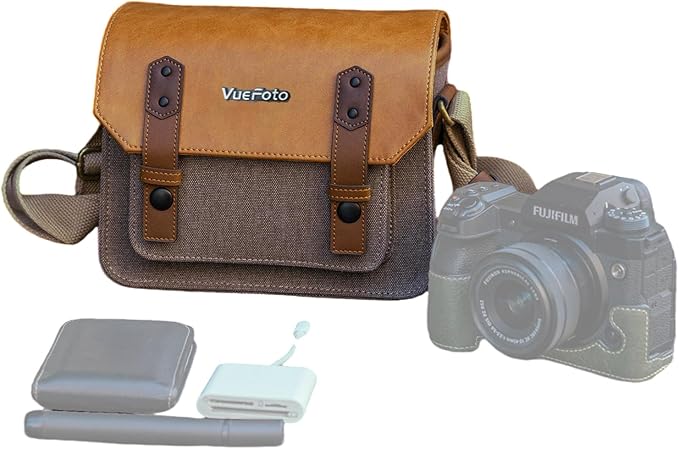 VueFoto Camera Messenger Bag,Vintage Leather Flip-top Waterproof Camera Bag,Compatible with Canon,Nikon,Sony SLR/DSLR Mirrorless Cameras For Women and Men (Khaki, Medium)