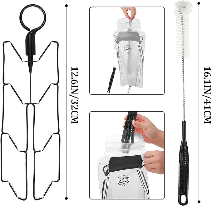 Feekoon Reservoirs Backpack Accessories Hydration Bladder Cleaning Kit with Flexible Long Brush for Hose, Small Bite Valve and Big Brush, Drying Collapsible Bladder Frame, Carrying Pouch