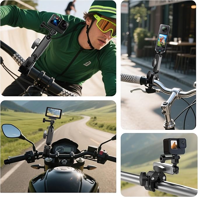 Bike/Bicycle/Motorcycle Handlebar Clamp Mount for DJI Action 6/5 Pro, with 360° Dual Ball Head for Insta360 X5/X4, DJI Osmo Nano, Osmo 360, Osmo Action 4, All GoPro - Action Camera Accessories
