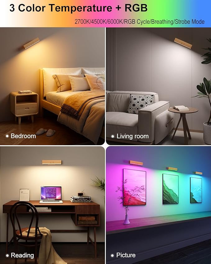 Rechargeable Wood Wall Lights (2 Pack) with Remote & Touch, 5200mAh Battery Operated Wall Sconce with 3 Color Temperatures & RGB. Magnetic, Stick-On, Dimmable Wall Reading Lamp for Bedroom, Picture